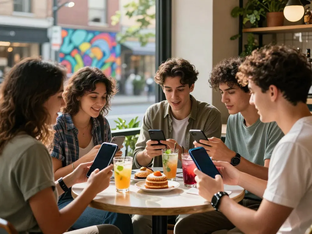 Friends sharing the rokok88 link at a vibrant café table in an urban setting.